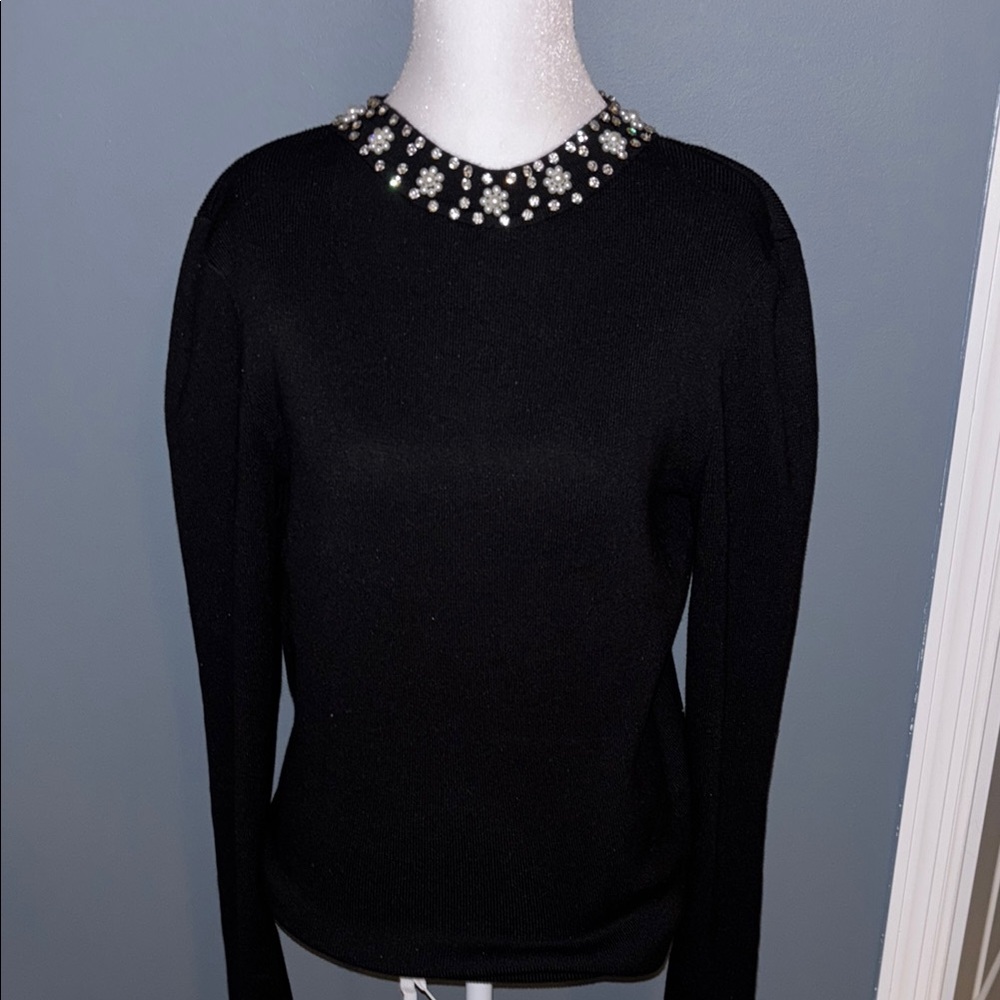 NWOT Tahari Black Sweater with Embellished Neckline